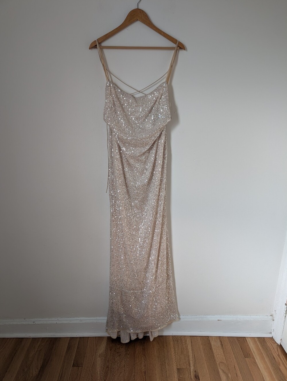 NWT Ieena Mac Duggal Nude Silver Sequin Open Low Lace Up Back Maxi Dress Gown